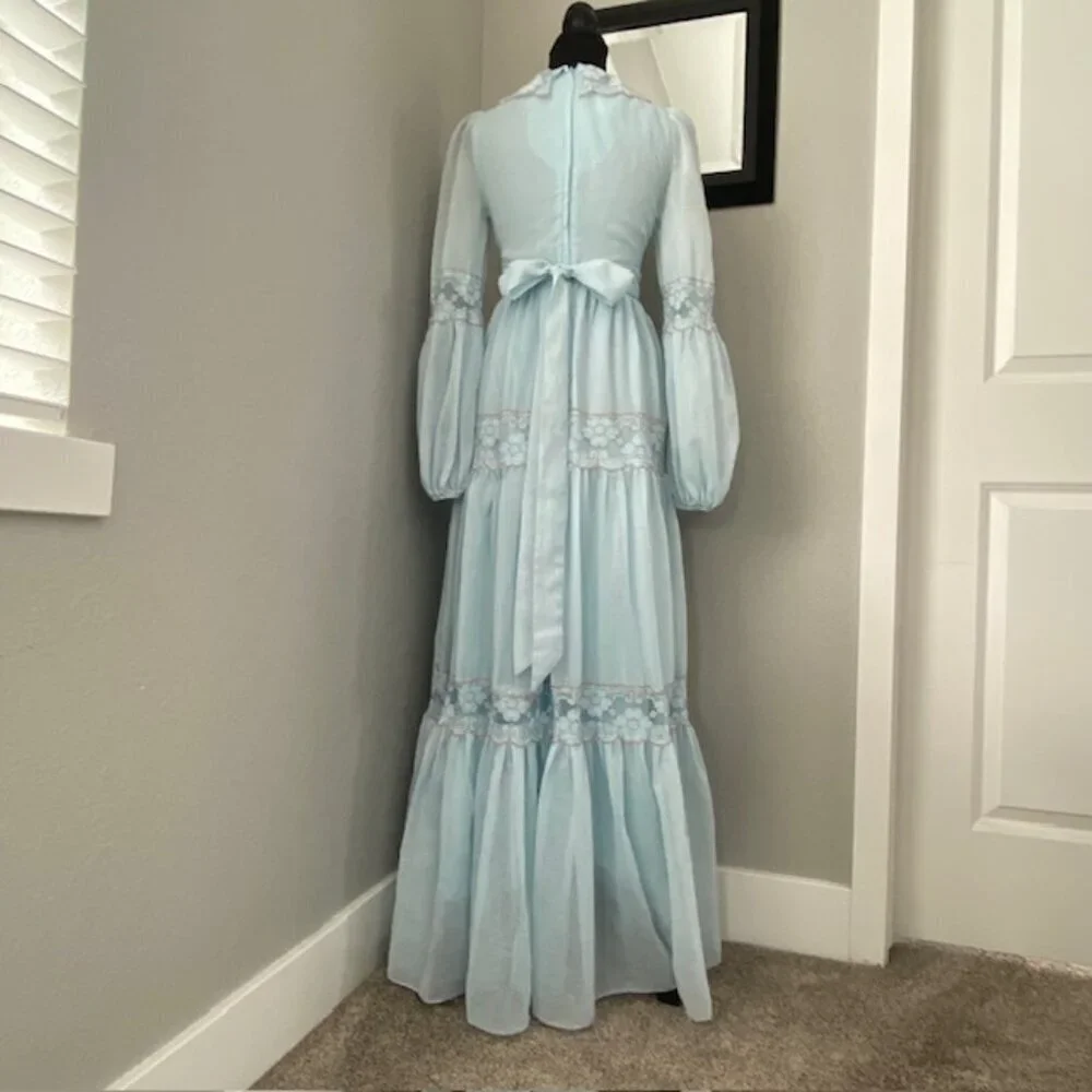 VINTAGE 70s Gunne Sax Blue Lace Long Maxi Prairie Boho Dress Sz XS - Picture 5 of 16